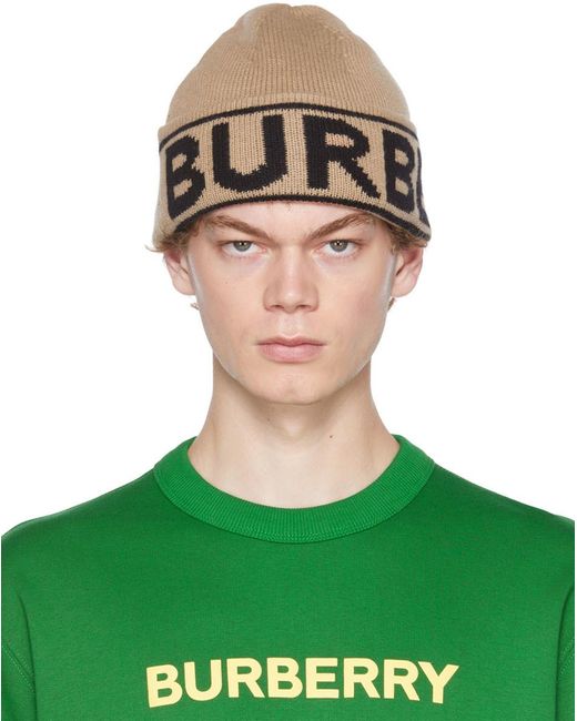 Burberry Green Cashmere Intarsia Logo Beanie for men