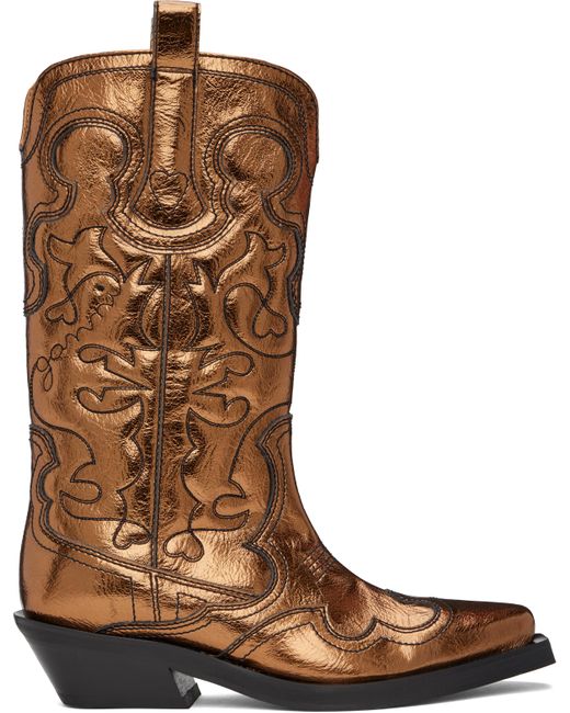 Ganni Women's Brown Mid Shaft Embroidered Western Boots