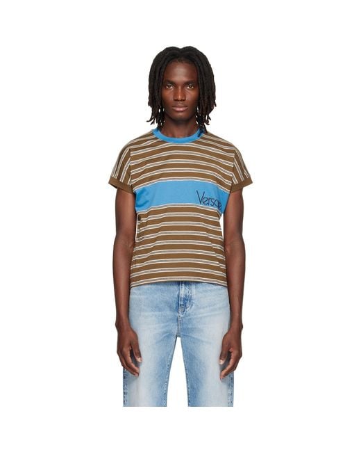Versace Blue Embroidered-Logo Striped-Intarsia Cotton T-Shirt for men