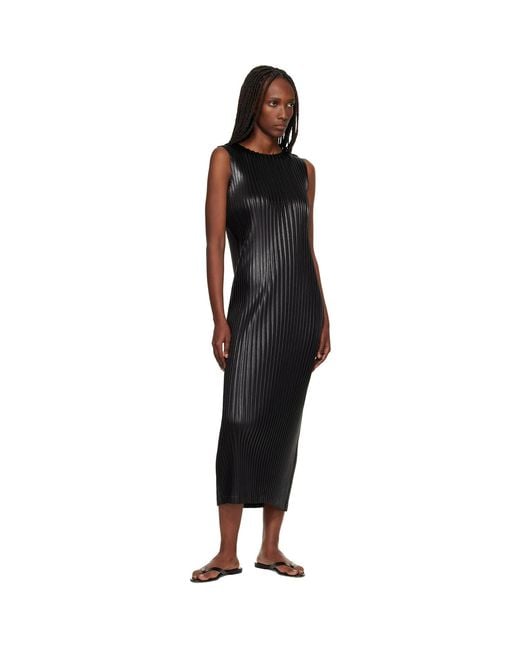 Issey Miyake Black Glossed Metal Pleats Midi Dress