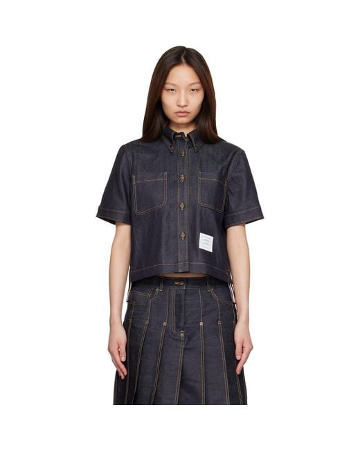Thom Browne Black Straight Hem Button Down Point Collar Denim Shirt