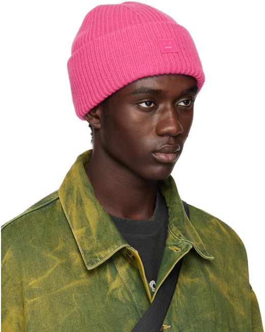 Acne Green Pink Small Logo Beanie for men