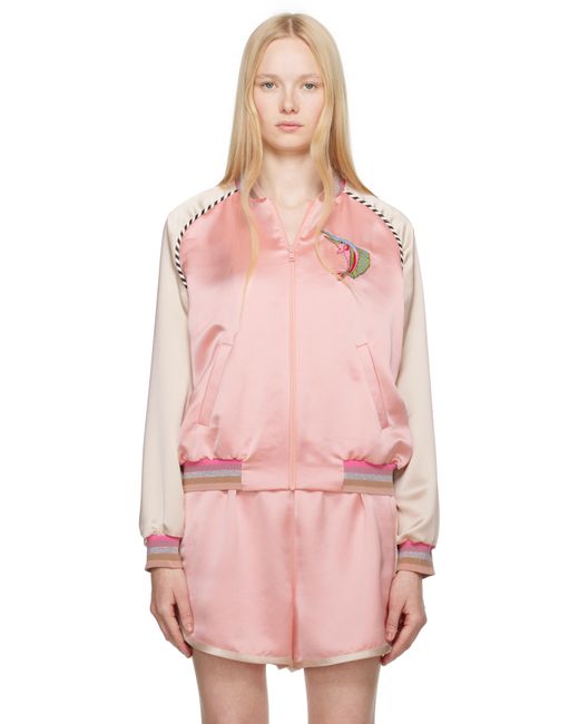 Anna Sui Pink Satin Embroidered Souvenir Bomber Jacket