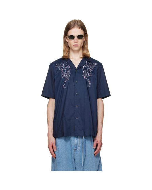 Dries Van Noten Blue Cotton Appliqué Shirt for men