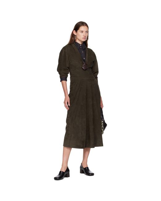 Lemaire Black Khaki V-Neck Nubuck Midi Dress