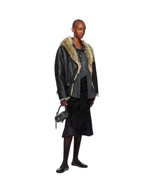 OPEN YY Black Shaggy Faux-Fur Midi Track Skirt
