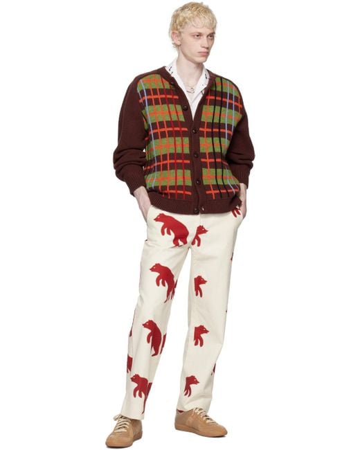 Bode Red White Bear Appliqué Trousers for men