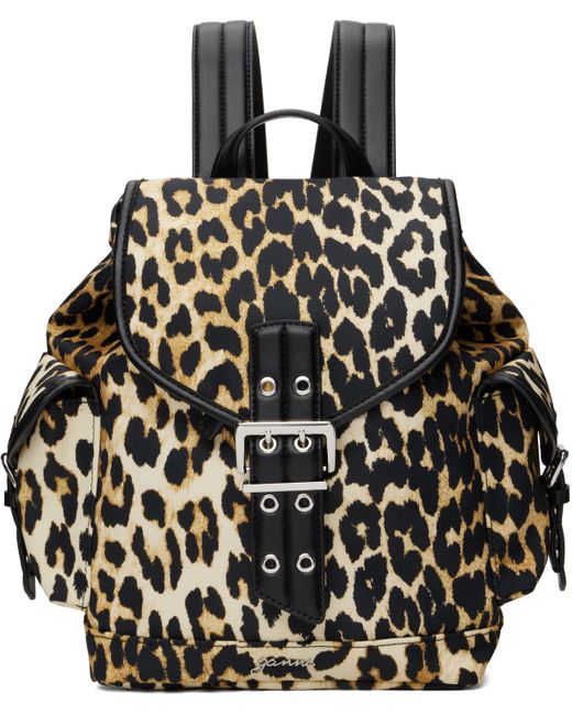 Ganni Black Tan & Leopard Small Nylon Bucky Backpack