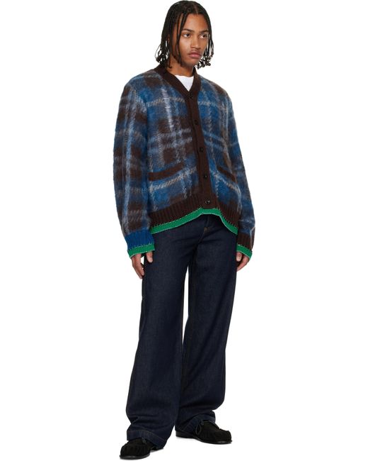 Sacai Blue Plaid Mohair Knit Cardigan for men