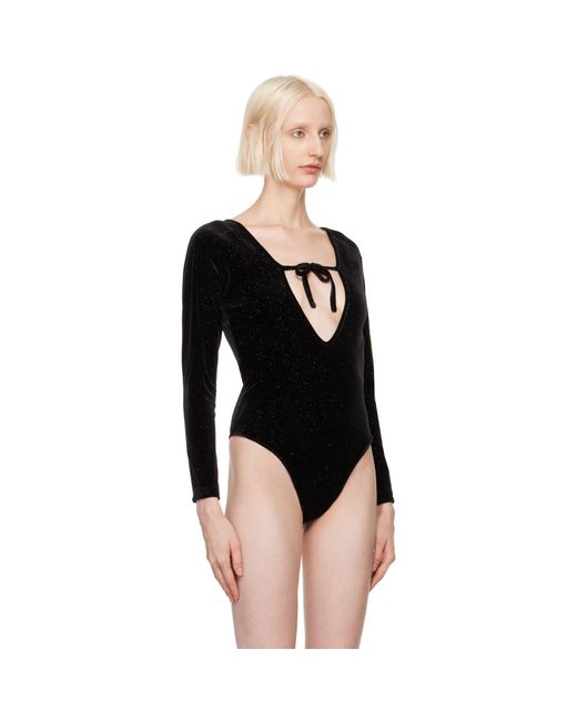 Pushbutton Black Front Self Tie Bodysuit
