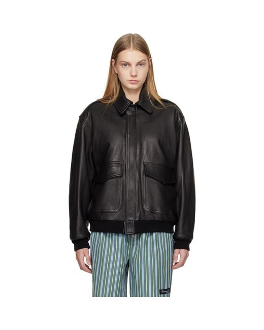 HOMMEGIRLS Black Leather Bomber Jacket