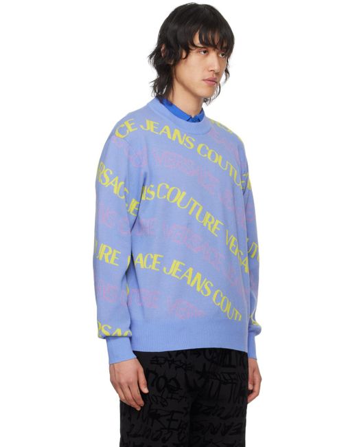 Pull bleu à motif à logo en tricot jacquard Versace pour homme en coloris Blue