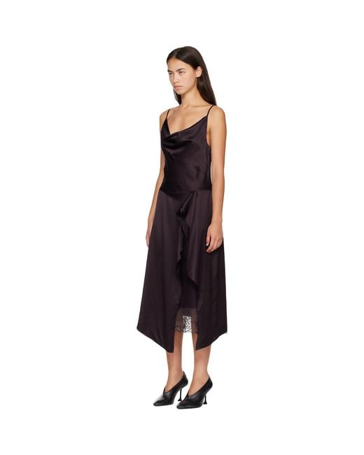 Acne Black Shiny Satin Slip Midi Dress