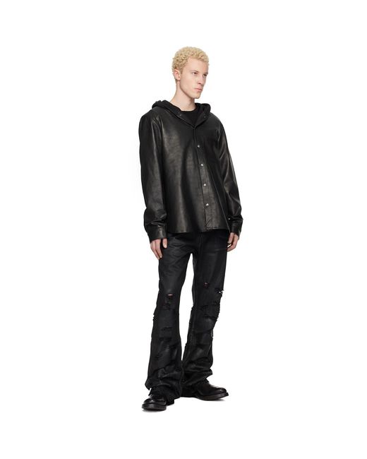 Det Blev Sent Black Hooded Leather Shirt for men