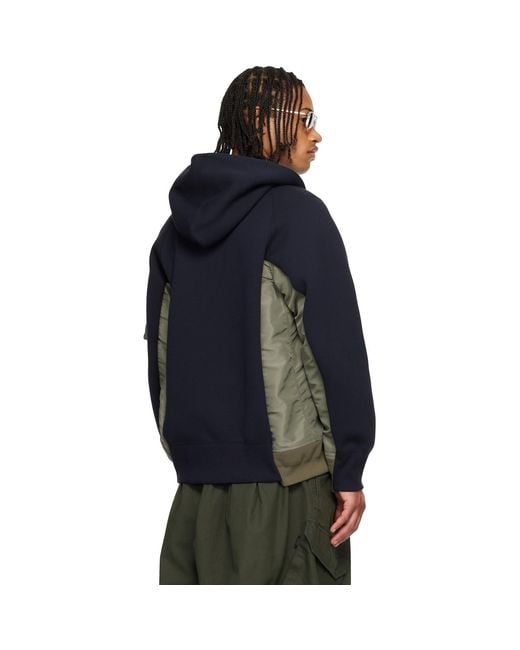 Sacai Blue Khaki Sponge Sweat & Nylon Twill Hoodie for men