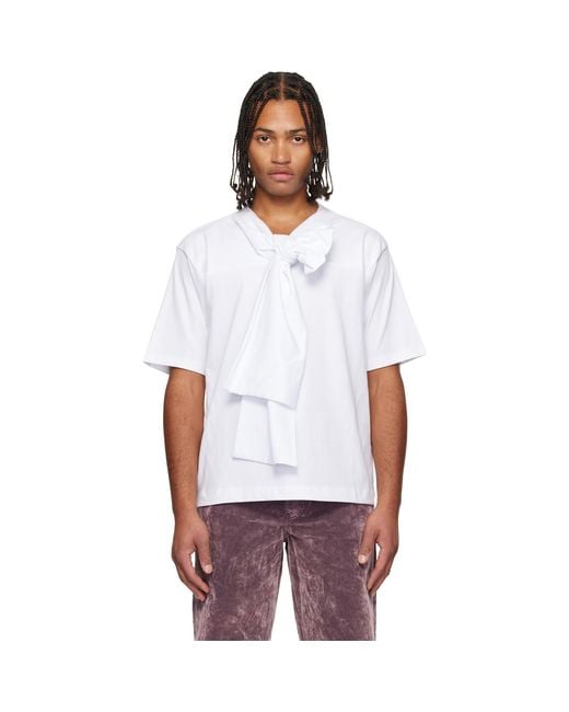 Dries Van Noten White Bow Neck Cotton T-Shirt for men