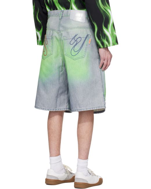 メンズ PDF ブルー＆グリーン Knee デニムショートパンツ Green