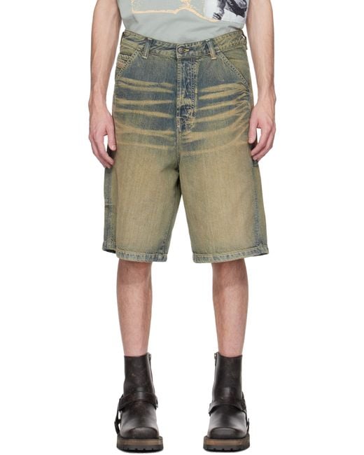 メンズ DIESEL ベージュ＆ブルー D-Livery-Short デニムショートパンツ Natural