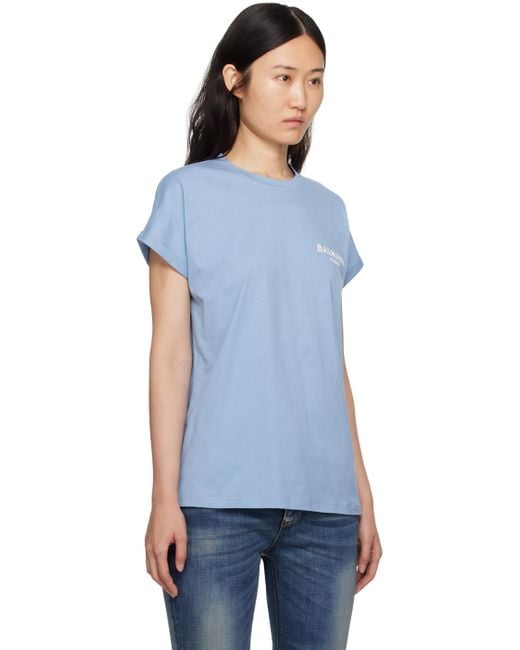 Balmain ブルー フロックロゴ Tシャツ Blue