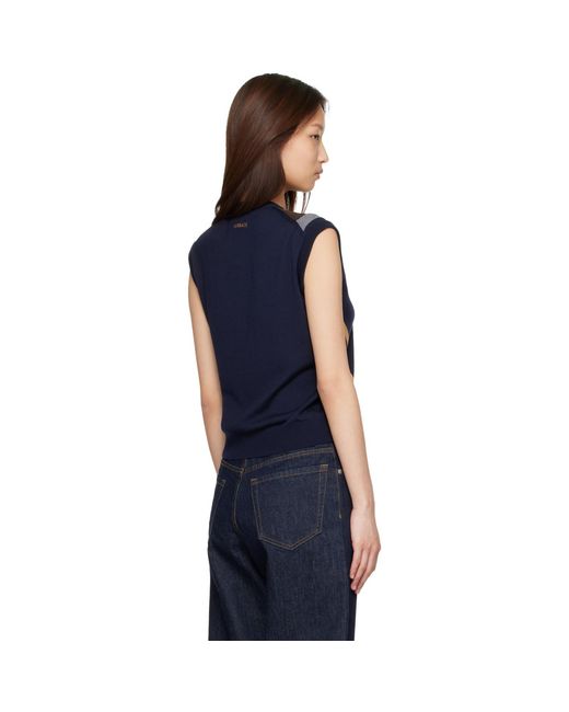 Versace Blue Intarsia-Wool & Leather Patchwork Vest