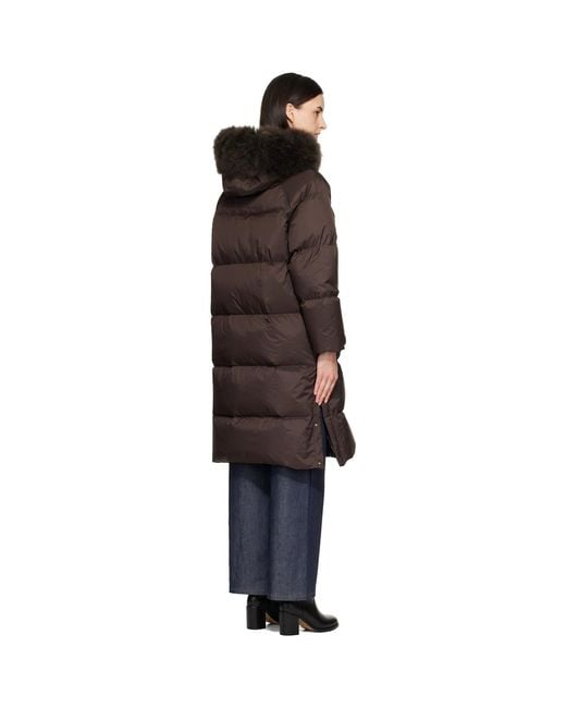 Yves Salomon Brown Waterproof Technical Lambswool Trim Long Down Jacket