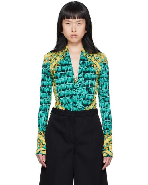 Versace Blue Baroccodile-Print Draped Bodysuit