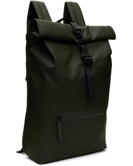 Rains Black Green Rolltop Backpack for men