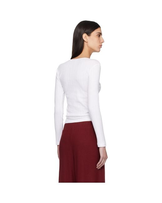 Leset White Pointelle Slim Fit Long Sleeve T-Shirt