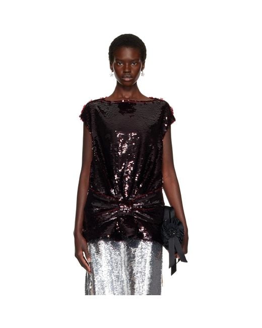 Simone Rocha Black Burgundy Boxy Peplum Bow Detail Top