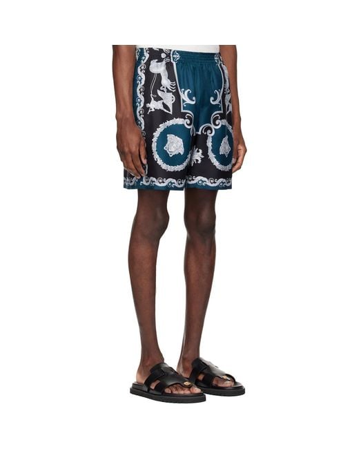 Versace Blue Printed Silk Twill Slim Shorts for men