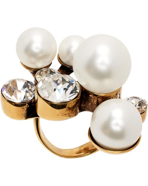 Bague dorée à perles artificielles Dries Van Noten en coloris White