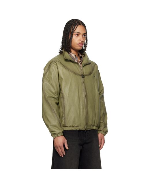 Wooyoungmi Green Khaki High Neck Leather Jacket for men