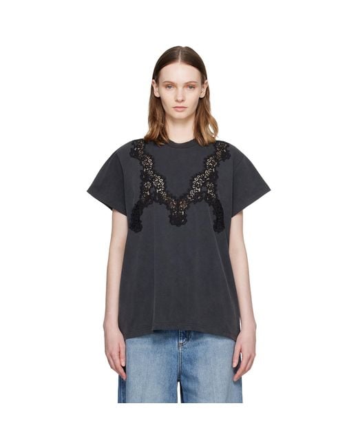 Stella McCartney Black Lace Mix Washed Jersey Cotton T-Shirt