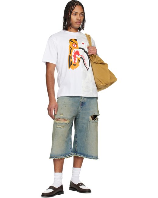 T-Shirt Décontracté Blanc À Tigre Et Requin Emblématiques A Bathing Ape pour homme en coloris White