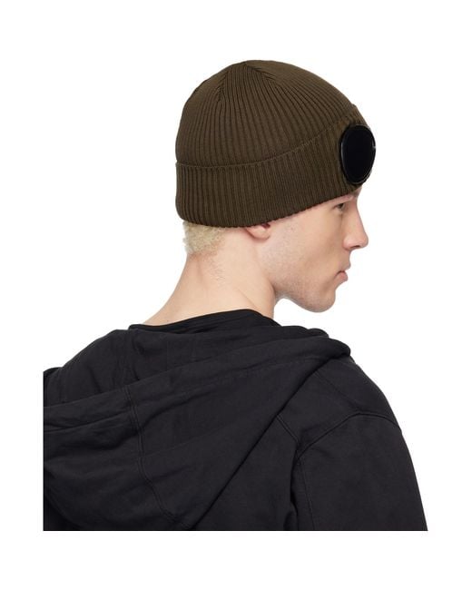 C P Company Black Khaki Cotton Goggle Beanie for men