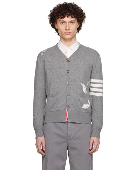 Thom Browne Gray Feather High V-Neck Cardigan for men