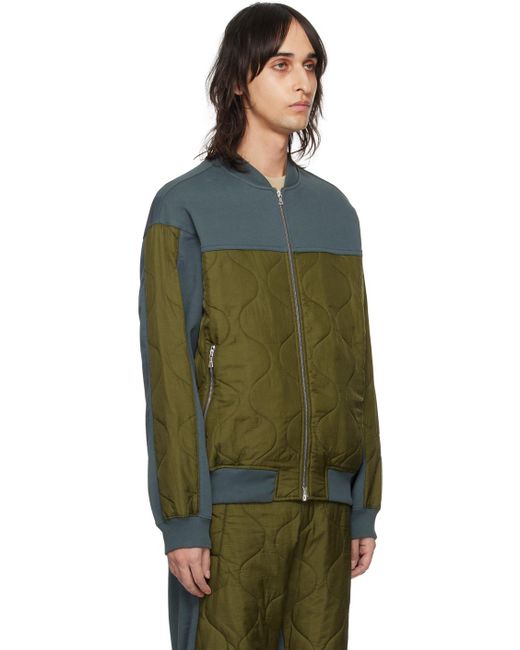 Dries Van Noten Green Blue & Khaki Quilted Bomber Jacket for men