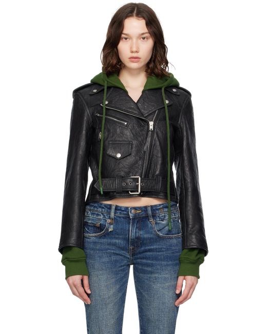 Acne ブラック＆グリーン レイヤード レザージャケット Black