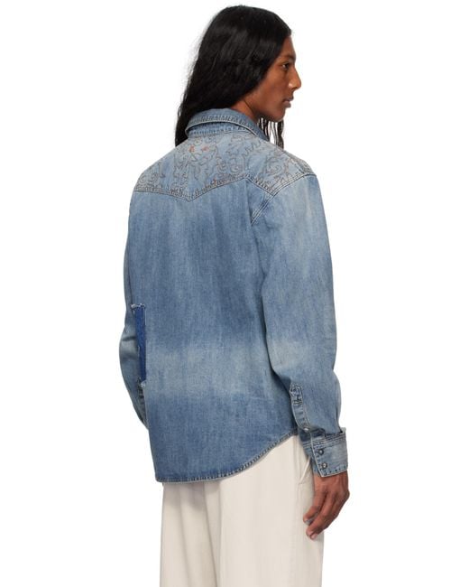 メンズ ANDERSSON BELL ブルー Embroidery Patchwork デニムシャツ Blue