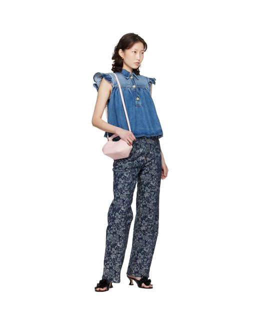 Ganni Blue Denim Ruffle Top
