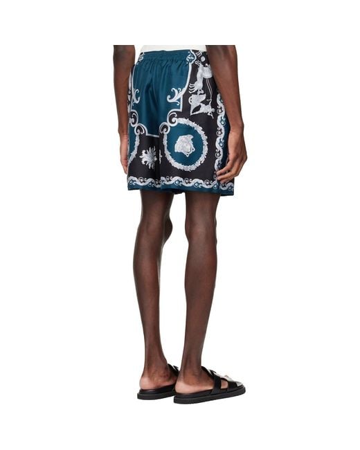 Versace Blue Printed Silk Twill Slim Shorts for men