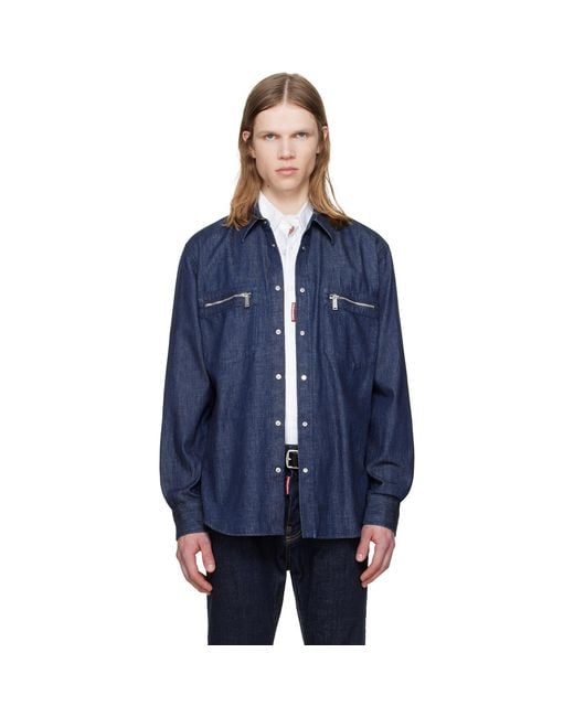 DSquared² Blue Wet & Dry Wash Denim Biker Shirt for men