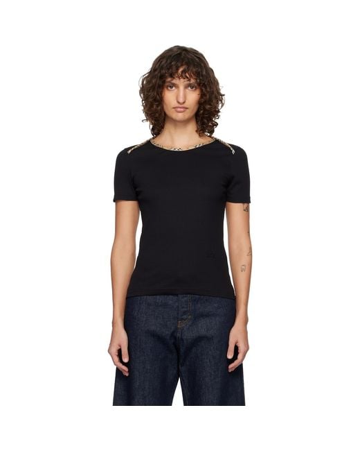 Burberry Black Check Trim Stretch Cotton T-Shirt