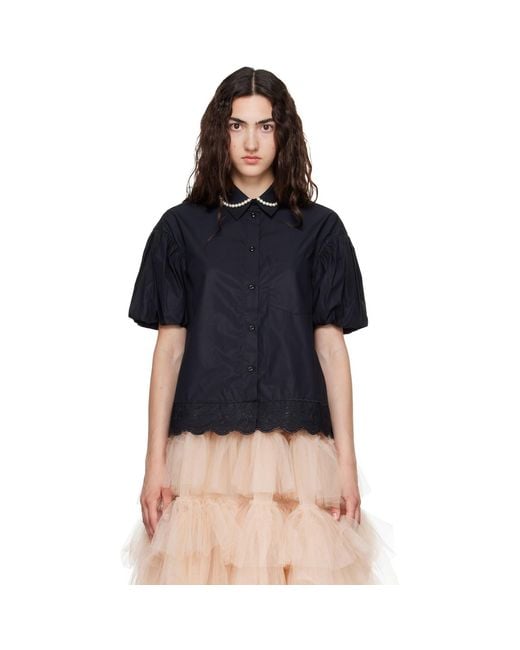 Simone Rocha Blue Cropped Puff Sleeve Lace Trim Shirt