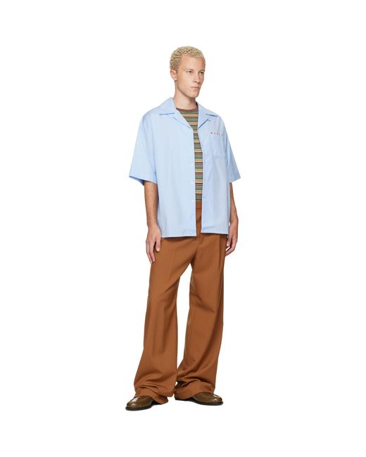 Marni Blue Peeping Logo Poplin Bowling Shirt for men