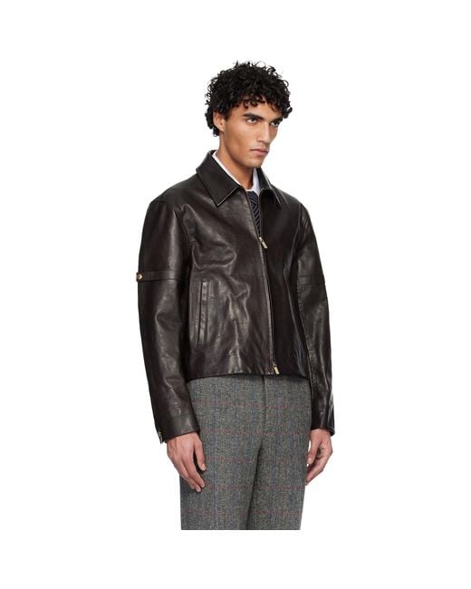 Thom Browne Black Zip Front Armband Leather Jacket for men