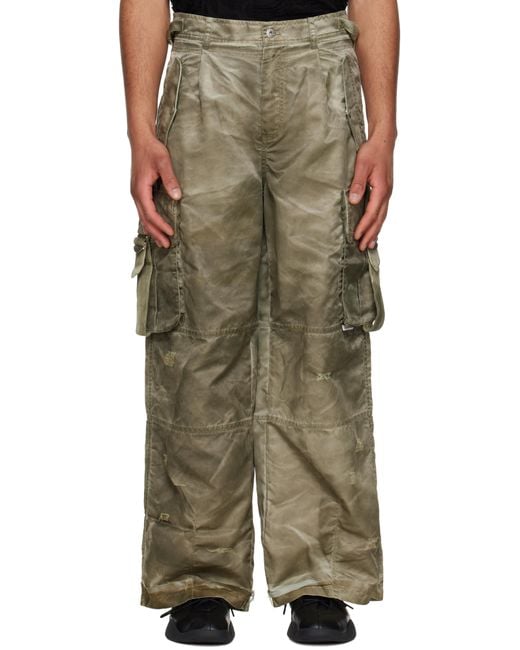 Feng Chen Wang Green Khaki Sandwashed Cargo Pants for men