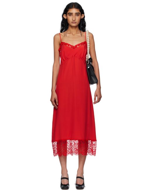 Simone Rocha Red Deep Lace Trim Slip Midi Dress