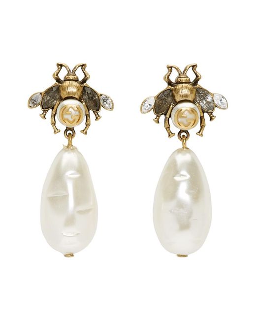 Women\u0027s Metallic Gold Pearl Bee Drop Earrings