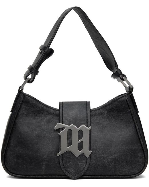 M I S B H V Black Gray Medium Cracked Leather Shoulder Bag